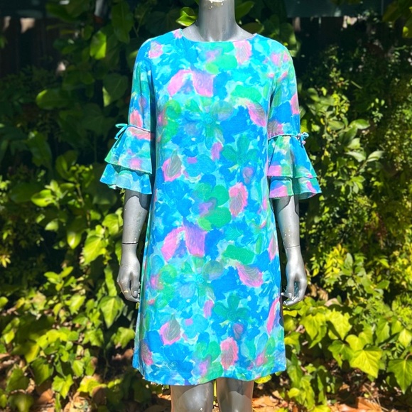 1960s George Small Watercolor Bell Sleeve Dress - Picture 8 of 8